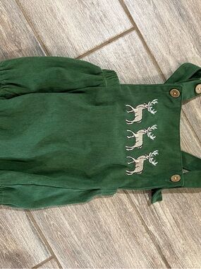 Green Corduroy Kids Overalls with Embroidered Deer